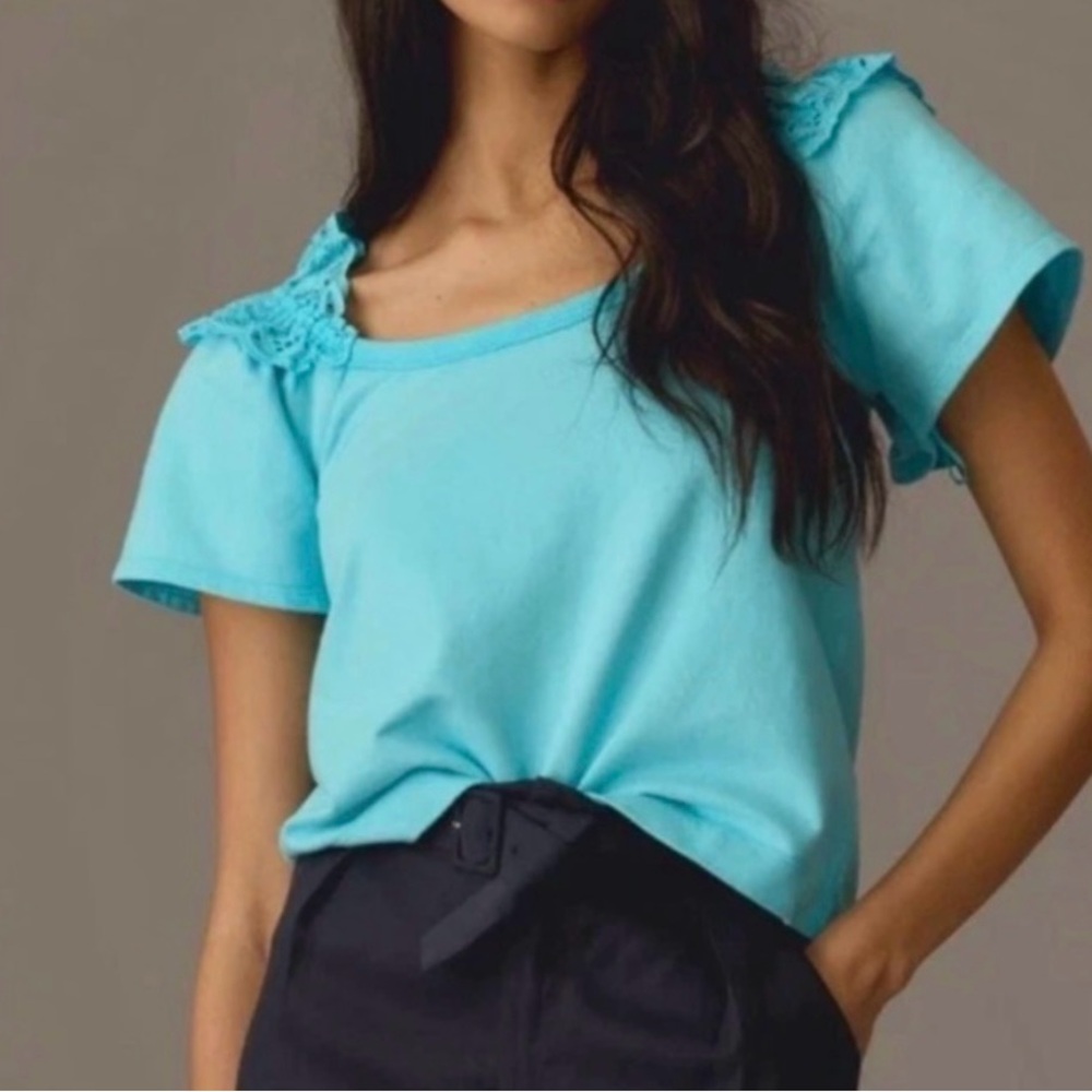 Anthropologie Pilcro Turquoise Ruffle Eyelet Boho Coastal Vacation Blouse S
